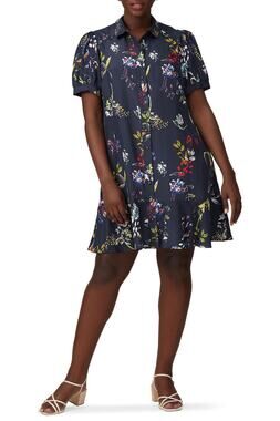 TANYA TAYLOR Navy Printed Floral Button Up Collared Aliciana Shirt Dress Size 14